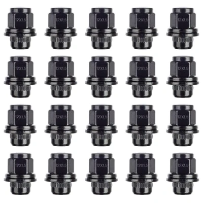 Image of RYBO Set of 20 Black Wheel Nuts, M12 x 1.5, Flat Seated, 21 Hex Compatible with Toyota Vehicles