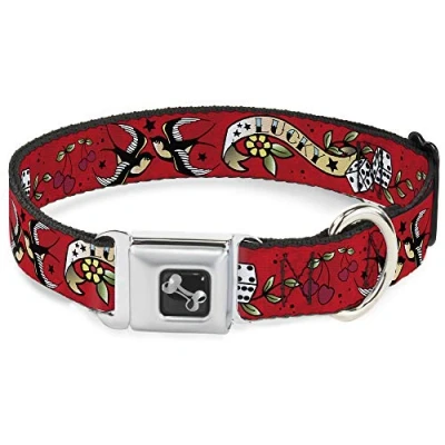 Image of Buckle Down Seatbelt Dog Collar Lucky Red 1.5&quot; Wide Fits 16 23&quot; Neck Medium