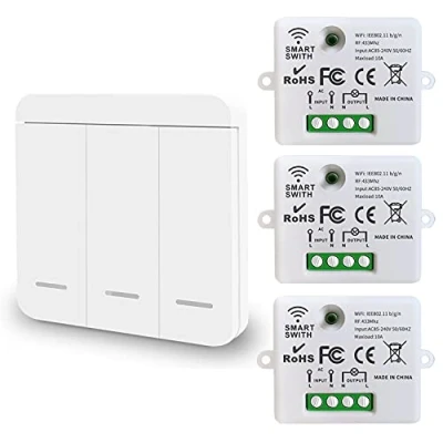 Image of DieseRC Mini Wireless WiFi Switch, 2500W 10A RF Relay Remote Control 3 Recievers with 1 Wall Smart by Phone via Tuya APP, Compatible Alexa/Google Home