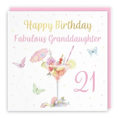 Image of Hunts England 21st Granddaughter Pink Cocktail And Butterflies Birthday Card Luxury Gold Foil Milo&#039;s Gallery Age 21 Elegant For Twenty One