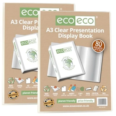 Image of eco A3 Size 50% Recycled 80 Pockets Clear Presentation Display Book, Storage Case Portfolio Art Folder with Plastic Sleeves, Pack of 2 eco153x2