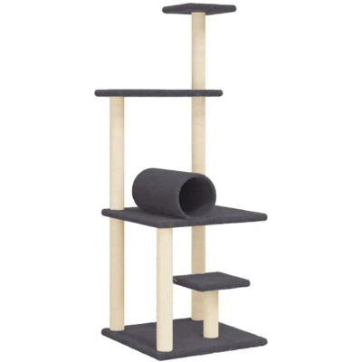 Image of &#039;vidaXL Multi Level Cat Tree with Sisal Scratching Posts, Plush Covered Tower Climbing Furniture in Dark Grey