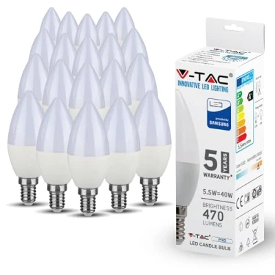 Image of V TAC E14 LED Candle Bulbs 5.5W (Equivalent to 40W) Light Edison Small Screw Bulb Samsung Chip Non Dimmable 3000K Warm White Pack of 20