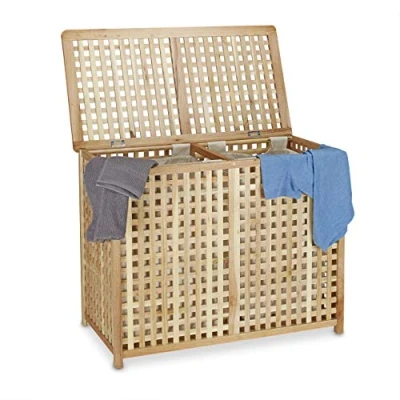 Image of Relaxdays Hamper Basket 2 Part Bin 46.1 x 87.9 68.1 cm Sorter Double Laundry Box with Linen Sacks Bags, Natural, Walnut, Light Wood Tone