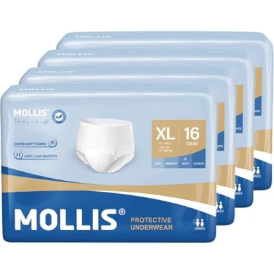 Image of MOLLIS Incontinence Pants Women &amp; Men, Adult Pull Up Pants, Unisex Disposable Protective Underwear, High Absorbency, Odor Control, X Large, 64 Count (4 Packs of 16)