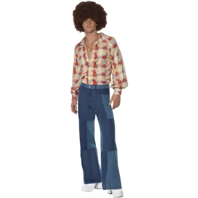 Image of Smiffys 70s Deluxe Flared Trousers, Mens, Blue Patchwork Denim, 1970&#039;s Disco Fancy Dress, Adult Dress Up Costumes