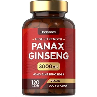 Image of Panax Ginseng High Strength 3000mg Korean Tablets 120 Vegan Providing 60mg Ginsenosides by Horbaach