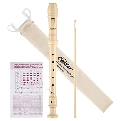 Image of Eastar Soprano Recorder Instrument for Kids Beginner, Baroque Fingering C Key 3 Piece with Cleaning Kit, Thumb Rest, Cotton Bag, Chart, ERS 21BN, Natural, School Approved