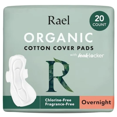 Image of Rael Organic Cotton Cover Sanitary Towels Heavy Absorbency for Night, Ultra Thin Period Pads with Wings Women, Unscented, Hypoallergenic, Vegan (Overnight, 20 Count)