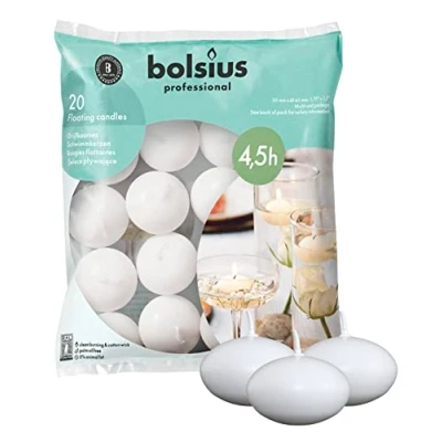 Image of Bolsius Floating Candle White Bag of 20 Long Burning Time 4 Hours Clean Burn Interior Decoration Vegan Wax 3 x 4.5 cm
