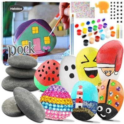 Image of Halobios Rock Painting Kit, Crafts Kits for Kids, 56 Pcs Arts and 12 Stone Kids Set, Creative Toys &amp; Gifts Presents Boys Girls Ages 3