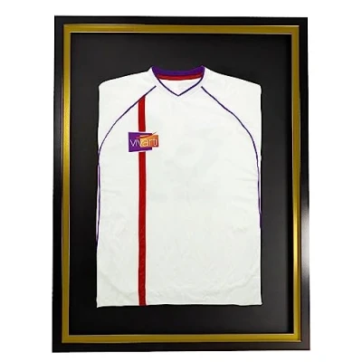 Image of Vivarti DIY Junior Standard Sports Shirt Display Frame for Football Shirt, Rugby Band T Shadow Box 50 x 70cm Black Frame, Gold Inner White Backing Card