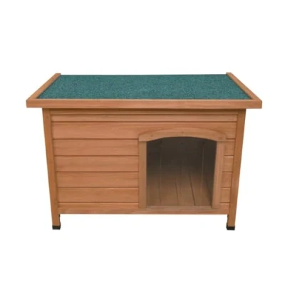 Image of Wooden Dog Kennel Small Pet House Shelter Animal Hut 58cm H x 86cm W 63cm D Outdoor Indoor Hinged Open Top 5cm Raised Base Removable Floor Door Flaps Weatherproof Fir Wood Easy Clean Slanted Roof