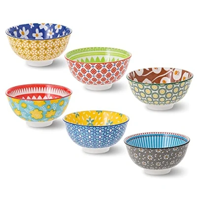 Image of Ceramic Bowl Set Small Bowls Porcelain Dessert 10 oz 6 Little for Rice Soup Snack Side Dishes Yogurt Ice Cream Coloful Cute Sets Microwave Dishwasher Safe 4.75 Inch