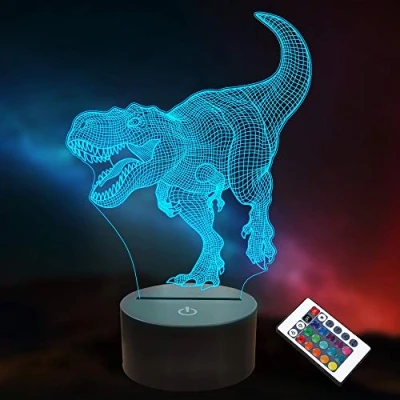 Image of Dinosaur 3D Optical Illusion Lamp LED Night Lights for Kids Boys Girls Gifts,16 Colors Remote Control with Timer, T Rex Toys Nightlight
