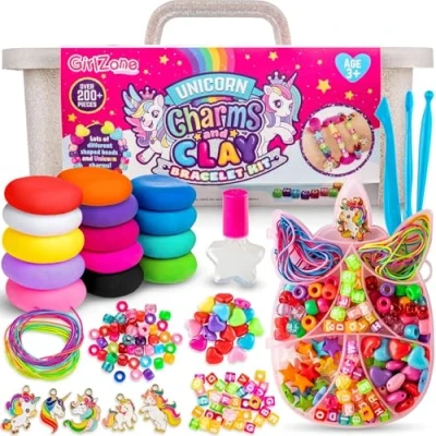 Image of GirlZone Unicorn Charms and Clay Bracelet Kit, Jewellery Making Kit with to Make Kids Bracelets for Girls, Craft Kits