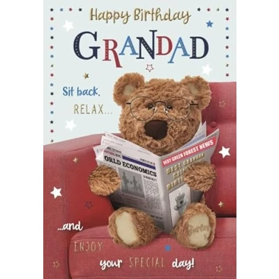 Image of ICG Grandad Birthday Card Barley Bear Reading the Newspaper Embossed with Foil Details