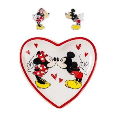 Image of Mickey &amp; Minnie Girls Earrings and Heart Trinket Tray Jewelry Dish Gift Set SF00675L.PH