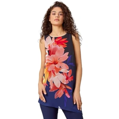 Image of Roman Floral Print Asymmetric Top for Women UK Ladies Spring Everyday Summer Holiday Round Neckline Comfy Sleeveless Soft A Line Hem Blouse Vacation Vests Navy Size 12