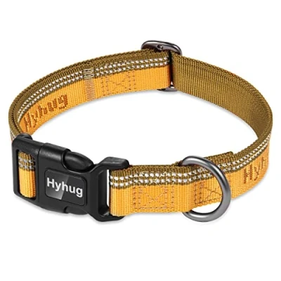 Image of Hyhug Design Two color nylon Jacquard Webbing, Heavy duty Classic Basic Collar, Quick Release Buckle, Specially Designed for Gentle Dogs. (Small, Golden Yellow)