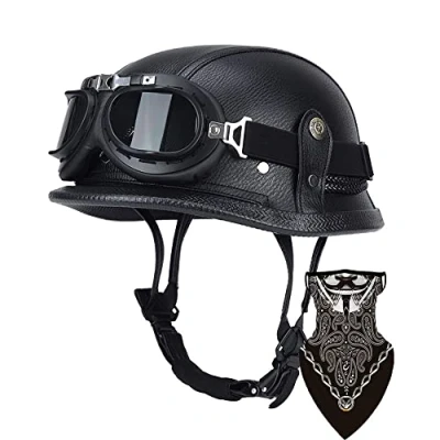 Image of DIRERTYS Motorcycle Half Helmet,Motorcycle German Leather Face Helmet, DOT/ECE Approved Cap Shell Helmet+Goggles Retro Open Helmet with Adjustable Quick Release Buckle, L57 60CM