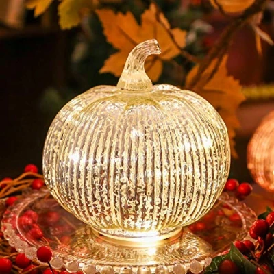 Image of hvfun Mercury Glass Light up Pumpkin with Timer Fall Decoration for Home Lamps Festive Halloween (Silver)