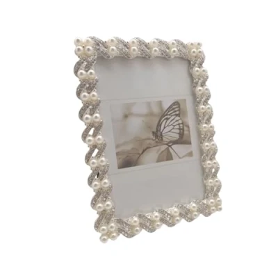 Image of Xshelley Pearl metal Photo Frame, 5x7 inch Silver Plated with High Definition Glass Pearls Inlaid White Electroplated Shiny Zinc Alloy Frame