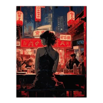 Image of Artery8 Ukiyo Cyberpunk Jazz Bar Film Noir Neon Anime Artwork Painting Extra Large XL Wall Art Poster Print