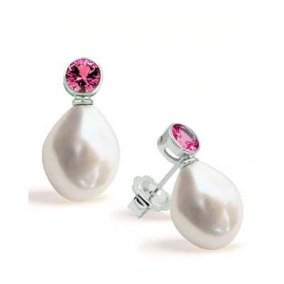 Image of Women Pearl Earrings Freshwater Cultured Pearls Baroque Shape 12 to 13 mm with Large Zirconia Stone SECRET &amp; YOU Sterling Silver Big Butterfly Backs.