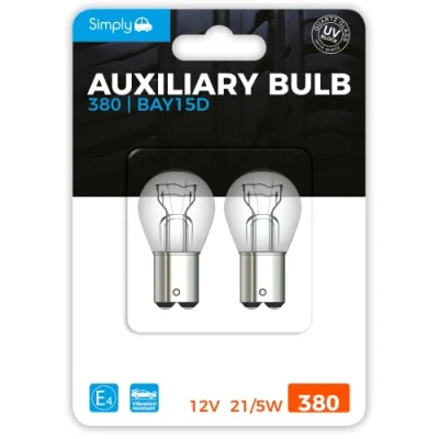 Image of Simply S380BL 380 (P21/5W) Auxiliary Bulbs Blister, 12V 21/5W, Base BAY15D, High Performance and Maximum Visility, Provide Drivers with more time to React Changes in Traffic Situations