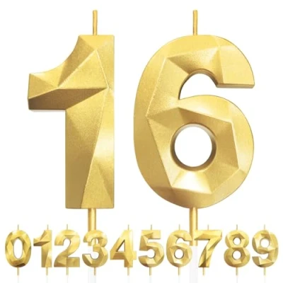Image of 16th Birthday Candles, Number 16 Candle, Gold Candles for Cake, Diamond 3D Happy Cake Candle Decorations Party Wedding Anniversary Celebration Supplies