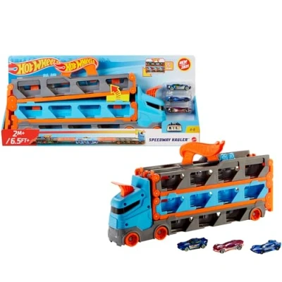 Image of Hot Wheels Speedway Hauler Storage Carrier with 3 1:64 Scale Cars &amp; Convertible 6 Foot Drag Race Track for Kids 4 to 8 years Old, Stores 20+ Connects Other Playsets, HGH33