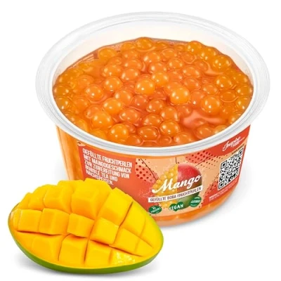 Image of The Inspire Food Company Popping Boba Pearls For Bubble Tea 450gm Mango Bursting Real Fruit Juice Shakes, Dessert,Smoothie 100% Vegan &amp; Glutenfree, No Artificial Colors