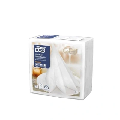 Image of Tork 478711 Premium Linstyle White Dinner Napkin / 1 Ply Absorbent Unprinted Serviette in 12 x 50 Sheets (WxL: 19.5cm 19.5cm)