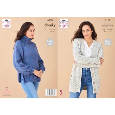 Image of King Cole Chunky Tweed Knitting Pattern 6110 Sweater &amp; Cardigan