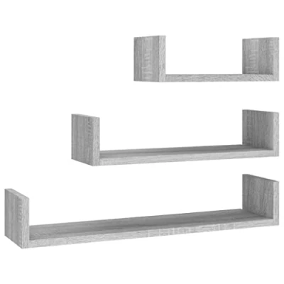 Image of vidaXL 3x Wall Display Shelves Living Room Floating Hanging Mounted Rack Bookshelf CD Shelf Picture Ledge Grey Sonoma Engineered Wood