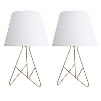 Image of firstchoicelighting Set of 2 Modern Tripod Table Lamps or Bedroom Bedside Lights, Gold Base with White Fabric Shade, Height 42 cm, LED Compatible