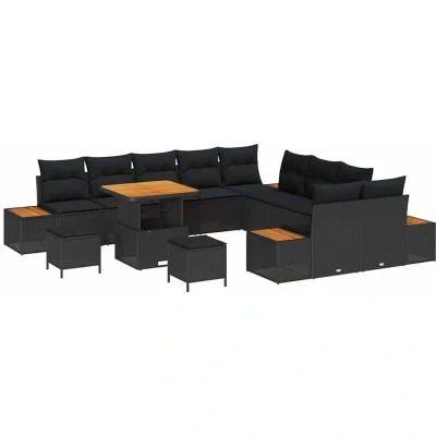 Image of vidaXL 13 Piece Garden Sofa Set with Cushions Black Poly Rattan Acacia