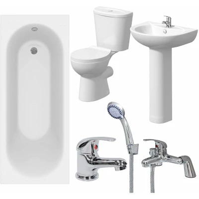 Image of Plumbworld Bathroom Suite 1500mm White Straight Bath Toilet WC Basin Sink Tap Shower Mixer