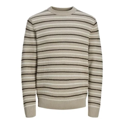 Image of JACK &amp; JONES Men&#039;s Jorbronx Knit Crew Neck Jumper, Humus/Stripes: sea Salt, S