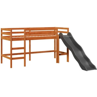 Image of vidaXL Kids&#039; Loft Bed with Ladder &amp; Slide Pine Wood, Brown 205.5x93x113.5 cm, Safety Guardrails, Storage Space Underneath