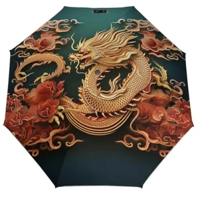 Image of LFDSYEOQ Windproof Umbrella,Dragon Chinese Background Lightweight Folding Umbrella, Small Automatic Travel Umbrella with Cover
