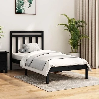 Image of vidaXL Solid Wood Bed Frame with Headboard Single Stylish Black Design Pinewood &amp; Plywood Suitable for Bedroom, 100x200 cm