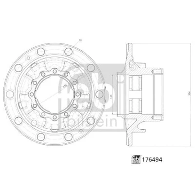 Image of 20517952, 20517952SK1, 8156332 wheel Hub FEBI BILSTEIN 176494 335mm without bearing Rear Axle