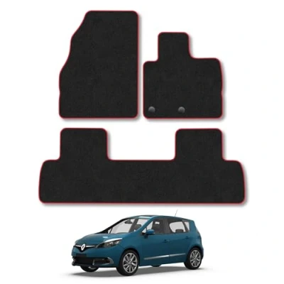 Image of Car Mats Compatible with Renault Scenic (2009 2016) Tailored Fit Red Trimmed Carpet Floor Mat Set Accessory Black Custom Fitted 4 Pieces Clips Anti Slip Backing &amp; Trim Edging