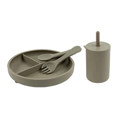 Image of Tiny Dining Baby Feeding Set Silver Sage 4pc Silicone with Divided Suction Plate, Sippy Cup, Weaning Fork &amp; Spoon for Babies, Toddlers Kids