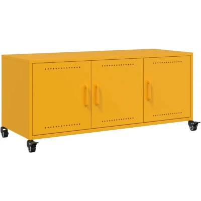 Image of vidaXL TV Cabinet Stand Unit Mustard Yellow Cold rolled Steel Media Console with Three Doors and Wheels Living Room Storage Sideboard, 100.5 x 39 43.5 cm
