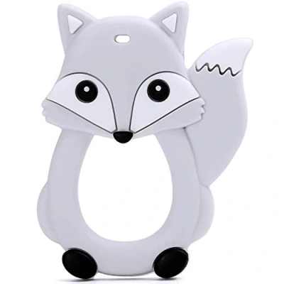 Image of PREMYO Teething Toy for Baby Teether Silicone Soothes Sore Gum Pain Easy to Grab BPA Free Fox Grey