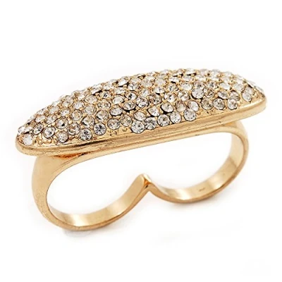 Image of Avalaya Gold Plated Pave Set Clear Austrian Crystal &#039;Shield&#039; Double Finger Ring 45mm Across Size 7/8