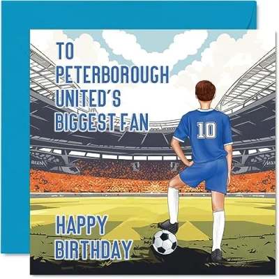Image of Football Birthday Card for Peterborough Fans Biggest Fan Fun Happy Son Dad Brother Uncle Colleague Friend Cousin, 145mm Footy Footie Bday Greeting Cards
